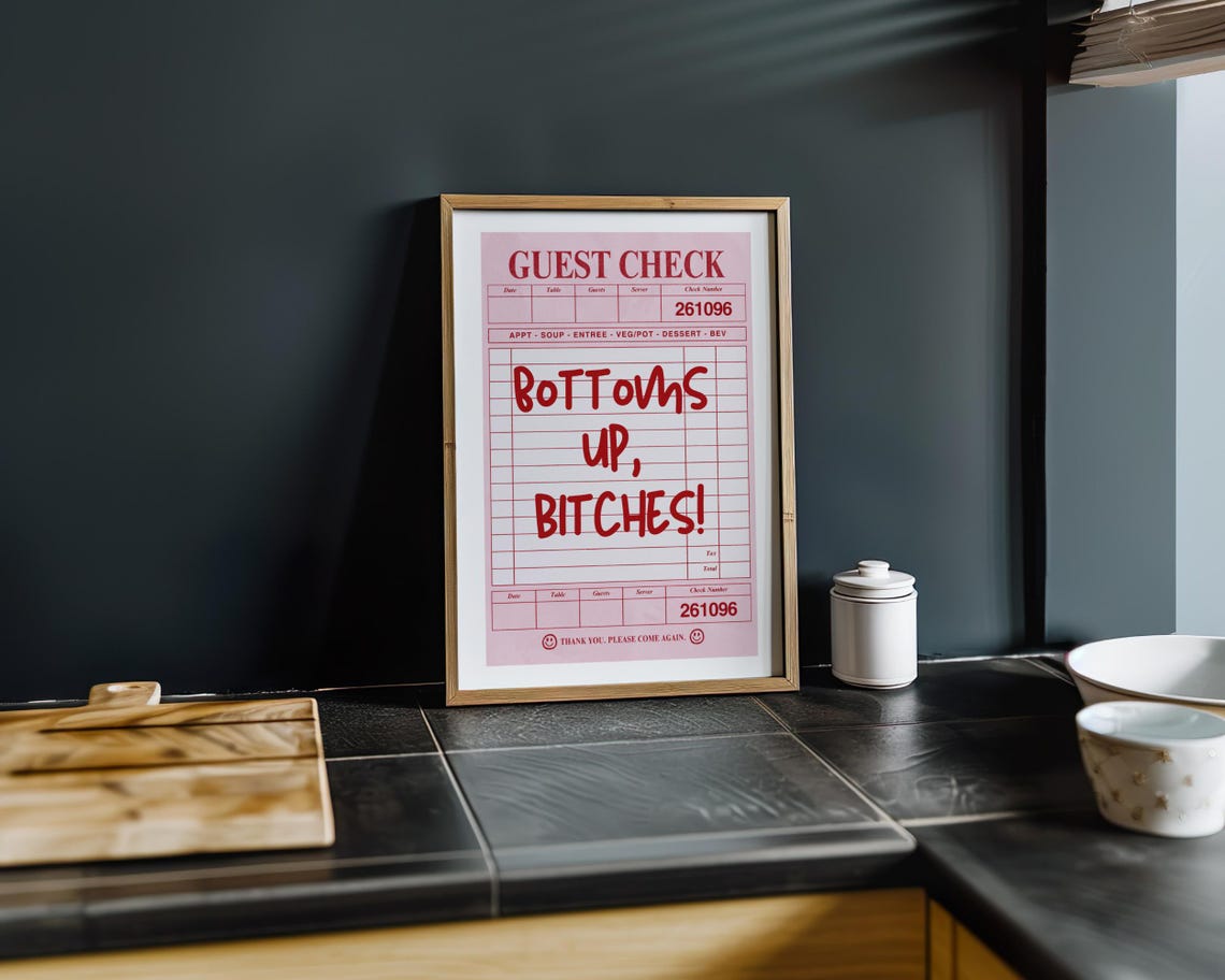 Bottoms Up Pink Guest Check Retro Quote Bar Cart Decor Poster - Image 6