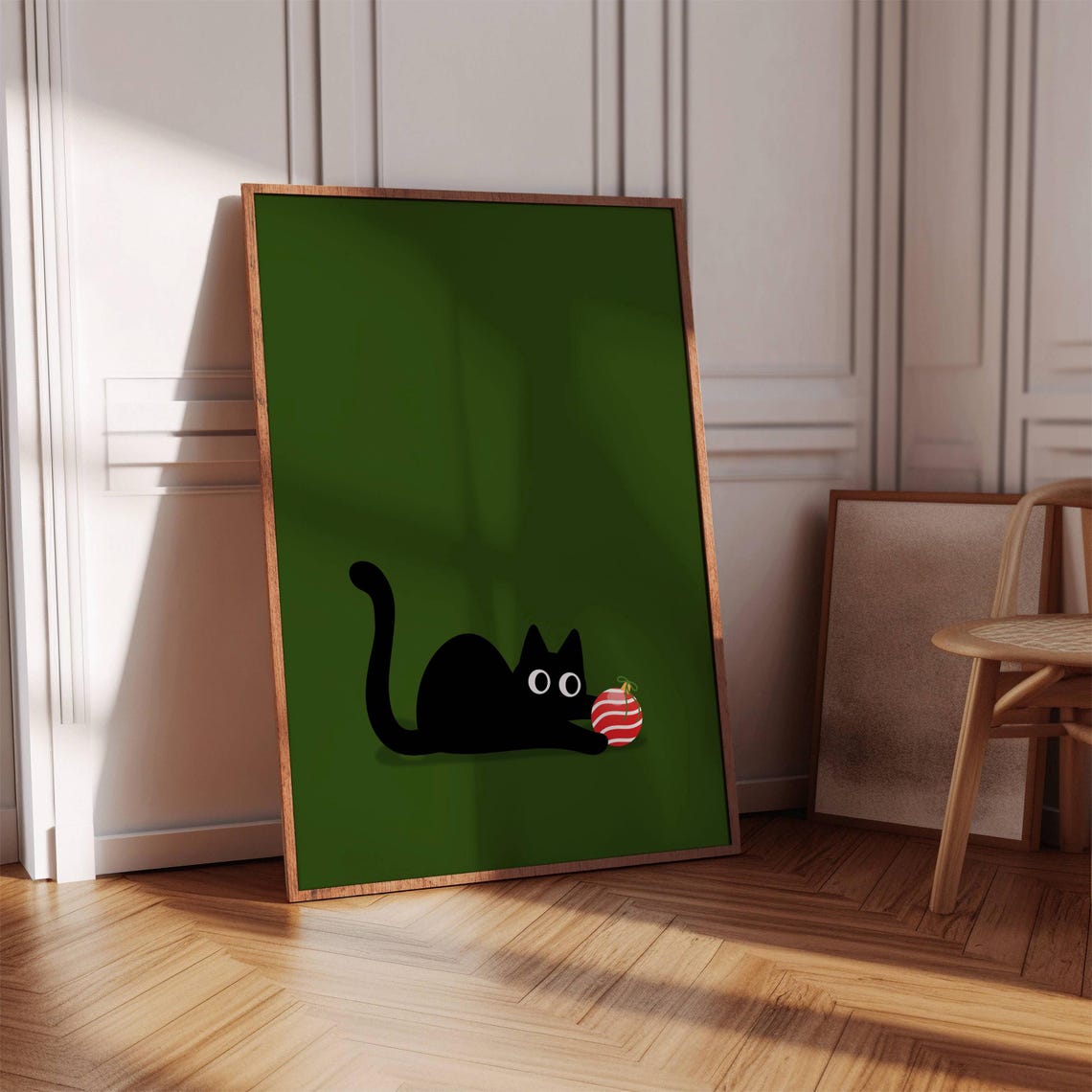 Christmas Cat Black Cat Plays Ornament Green Funny Holiday Poster - Image 6