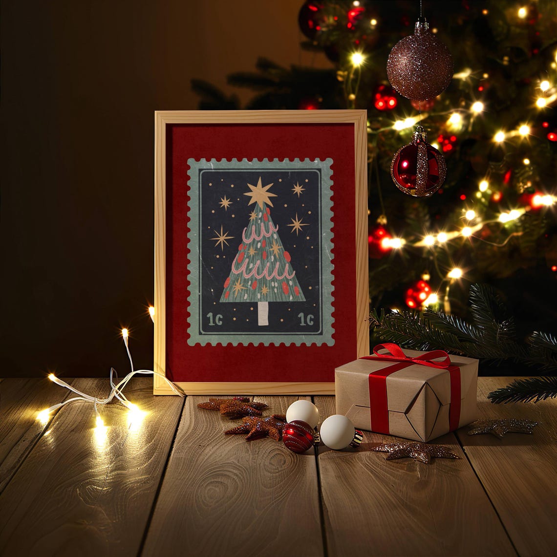 Vintage Christmas Tree Postage Stamp Art Red Retro Holiday Poster - Image 6