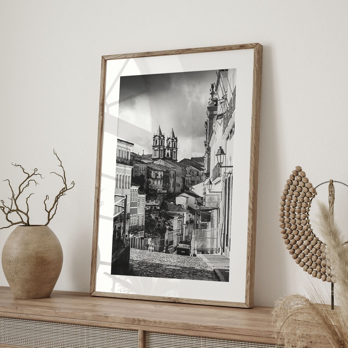 Brazil Colonial Street With Twin Church Towers Black And White Photo Print - Image 2