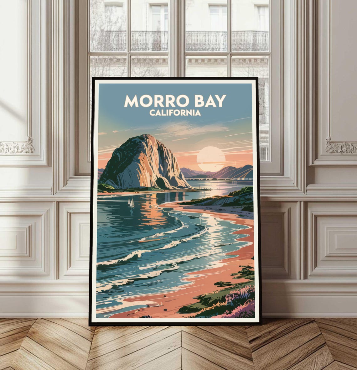 Morro Bay California Sunset Over Morro Rock Beach Travel Poster