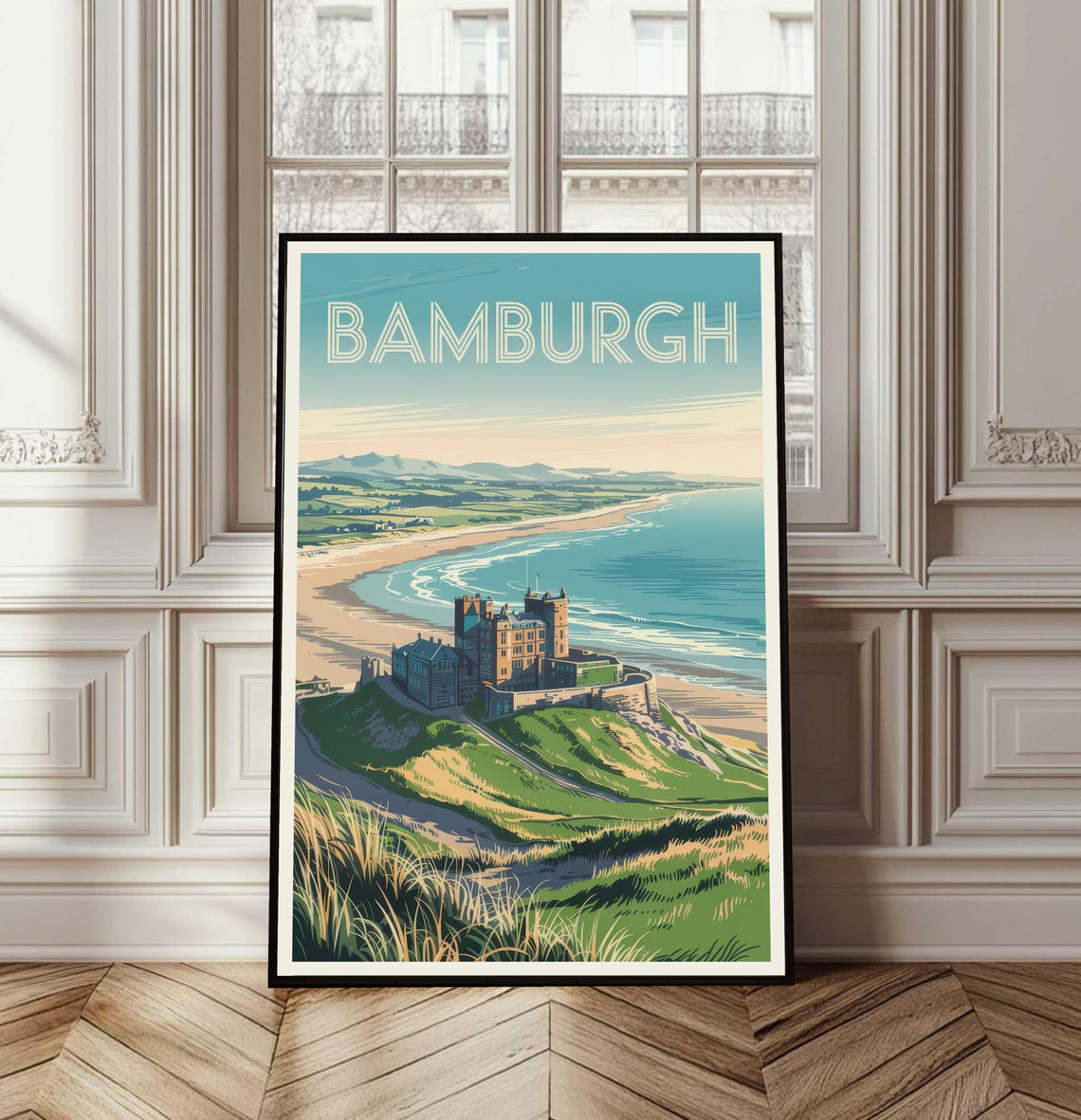 Bamburgh Castle England Coast Cliffs Retro Beach Travel Poster