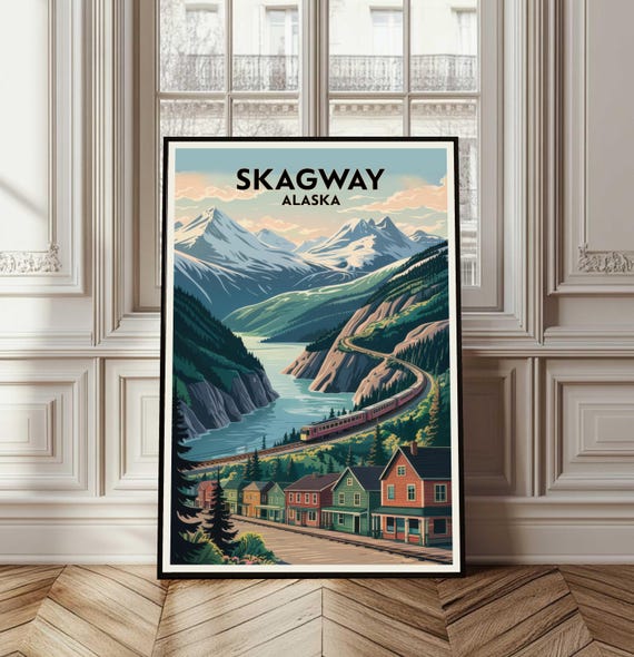 Skagway Poster Alaska Travel Print Illustration Art Nature Mountain Cityscape