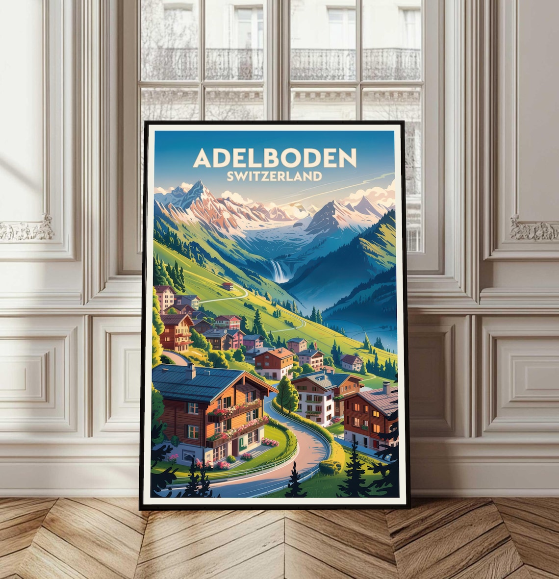 Adelboden Switzerland Alpine Village Chalets Vintage Travel Poster
