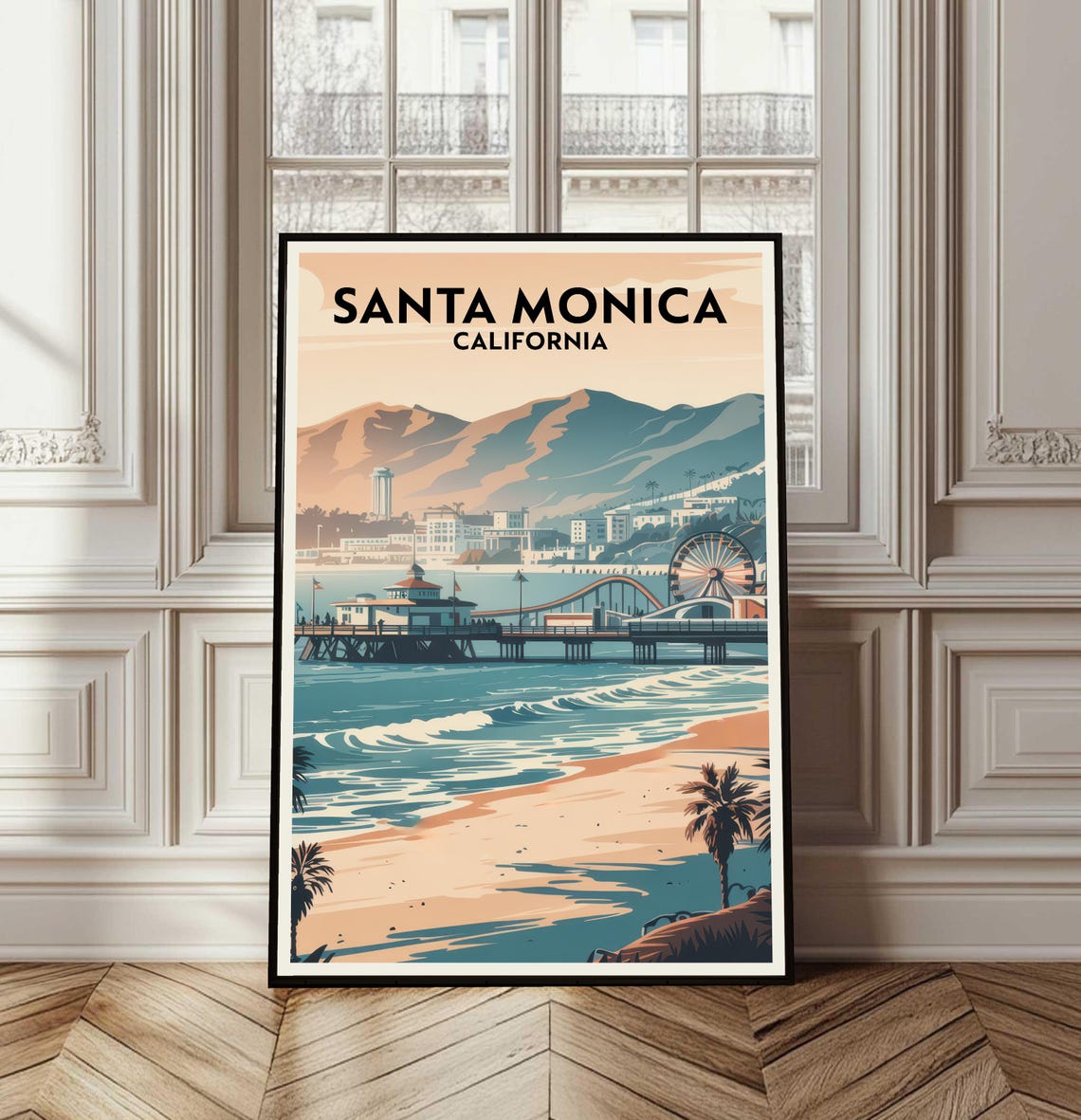 Santa Monica California Pier Ferris Wheel Beach Palm Trees Poster