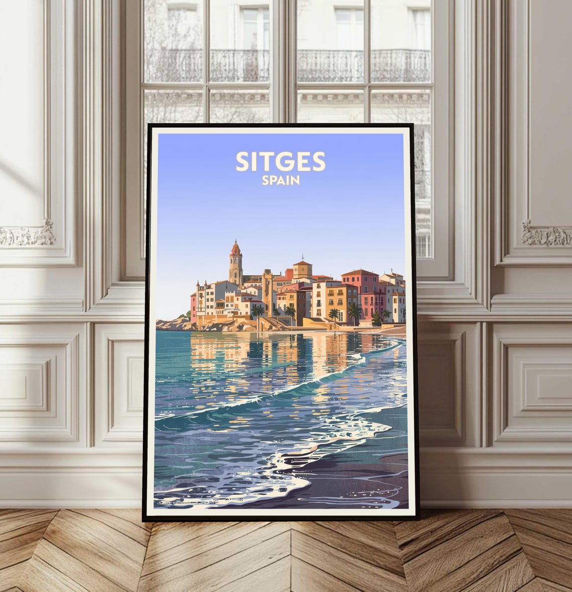 Sitges Spain Vintage Coastal Old Town Seaside Beach Sunset Poster