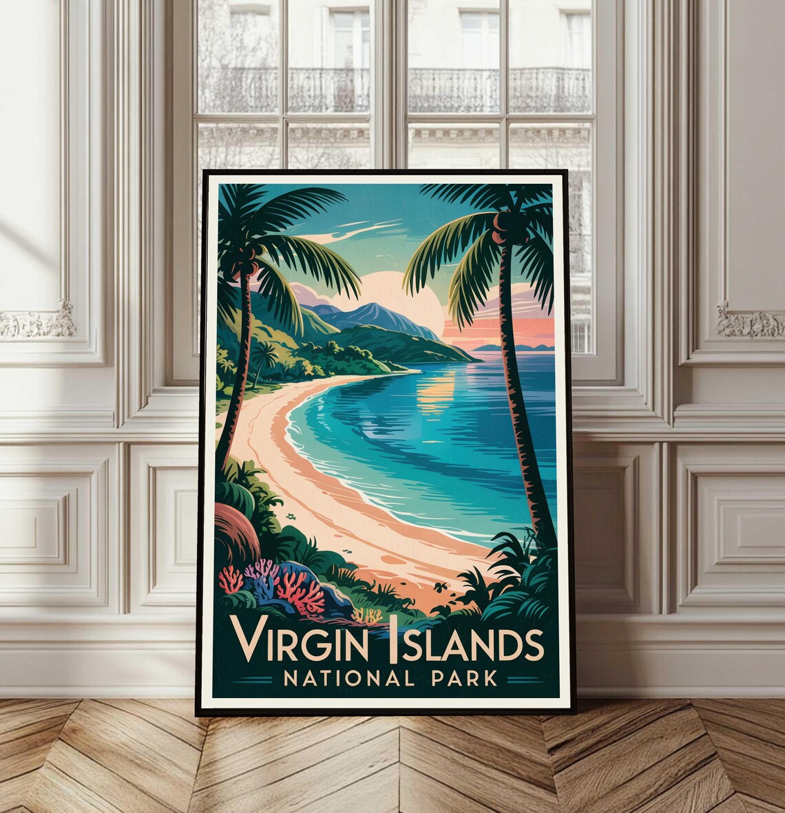 Virgin Islands National Park Tropical Beach Palm Trees Vintage Travel Poster