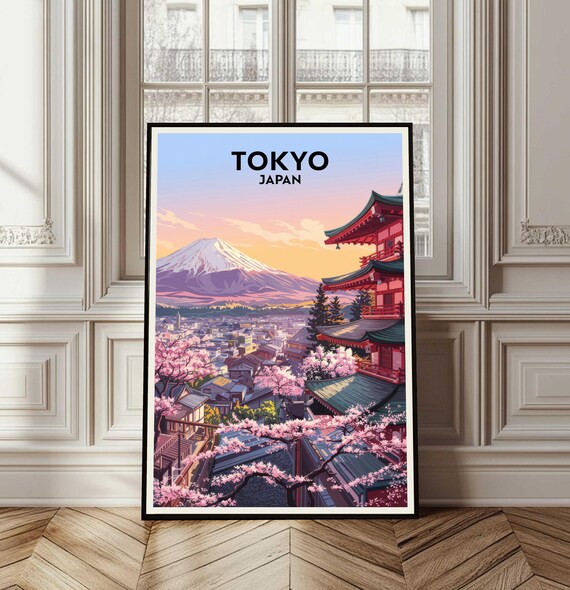 Tokyo Japan Mount Fuji Pagoda Cherry Blossoms Travel Poster Art