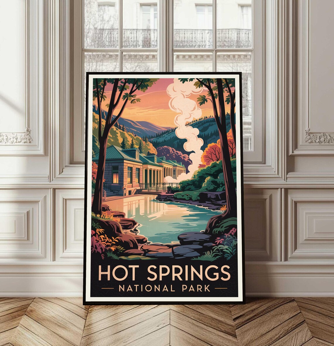 Hot Springs National Park Vintage Bathhouse Steam Sunset Travel Poster