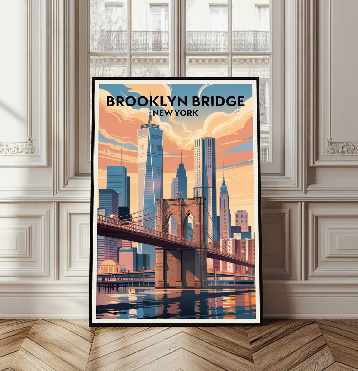 Brooklyn Bridge New York Vintage Travel Poster Sunset Skyline Night