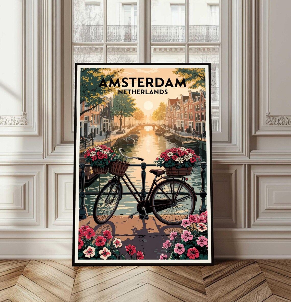 Amsterdam Netherlands Canal Bike Flowers Retro Travel Poster