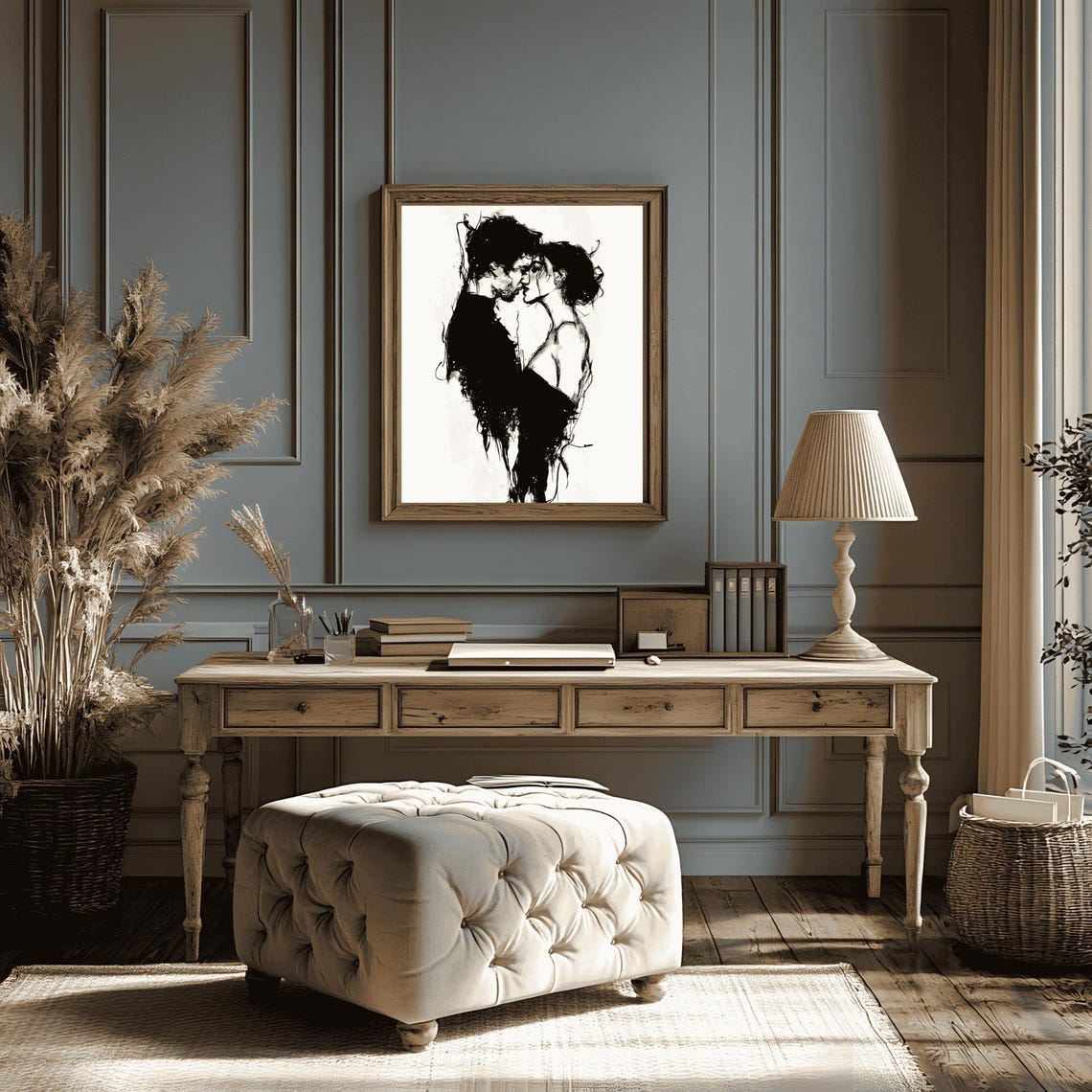 Romantic Ink Couple Kiss Passionate Black White Sketch Love Art Poster - Image 3