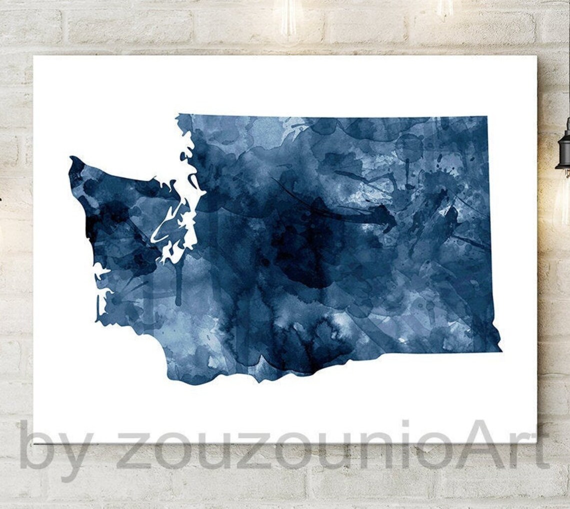 Washington State Map Print, Watercolor Navy Blue