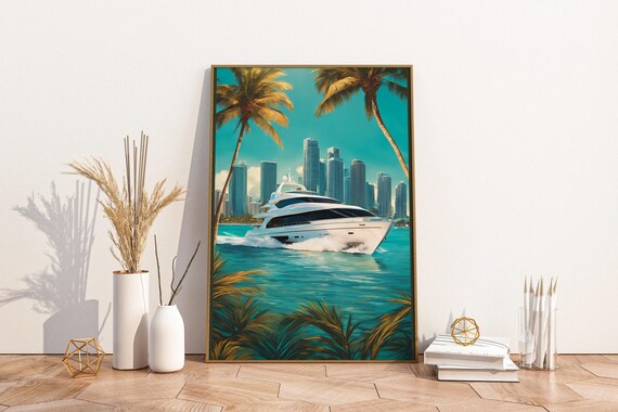 Miami Luxury Yacht Skyline Palm Trees Turquoise Water Poster