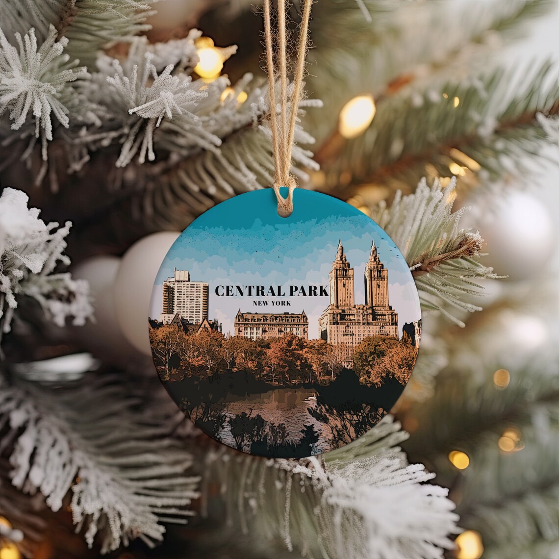 Central Park New York Autumn Lake Scene Christmas Ornament Print