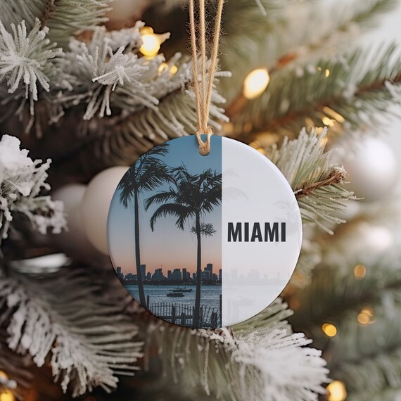 Miami Palm Trees Skyline Sunset Christmas Ornament Art Poster