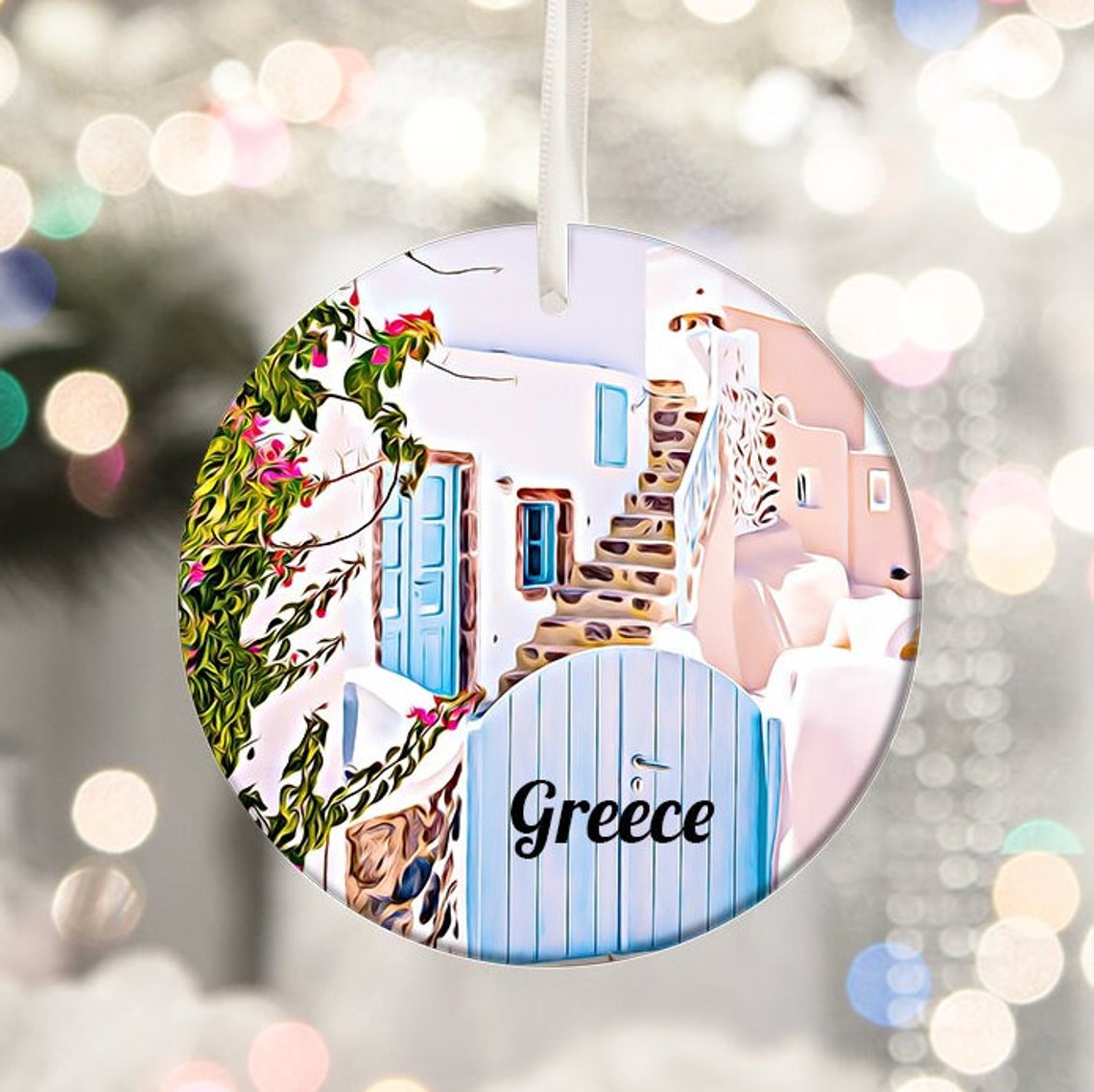 Greece Whitewashed Alley Blue Shutters Christmas Ornament Art Poster