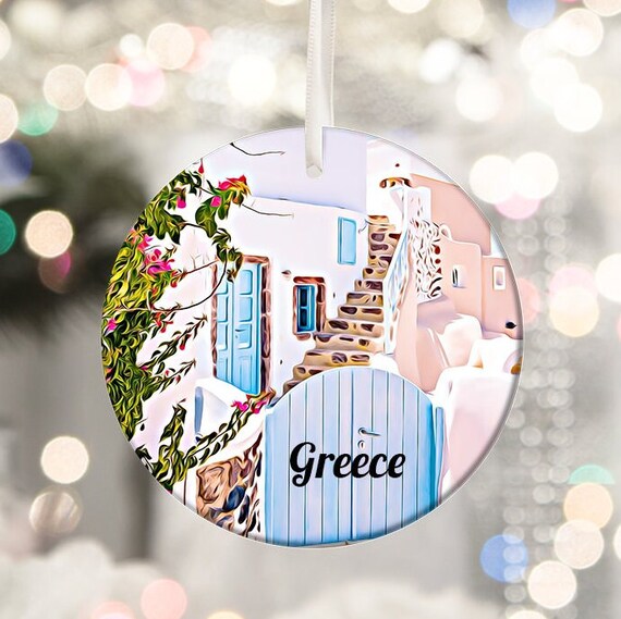 Greece Whitewashed Alley Blue Shutters Christmas Ornament Art Poster