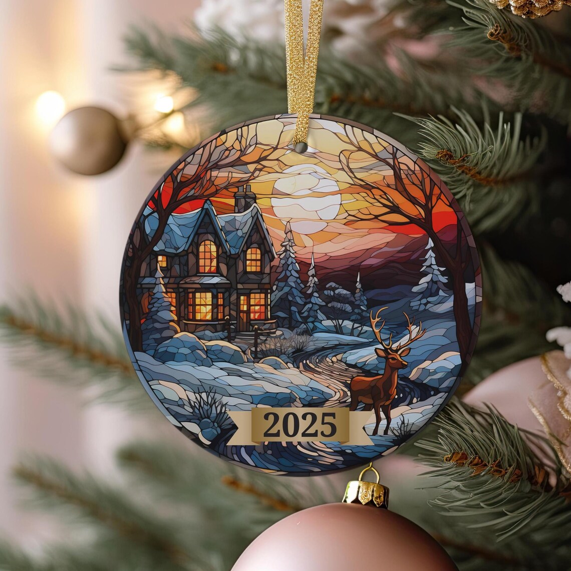 2025 Stained Glass Deer Christmas Ornament Winter Cottage Sunset Poster
