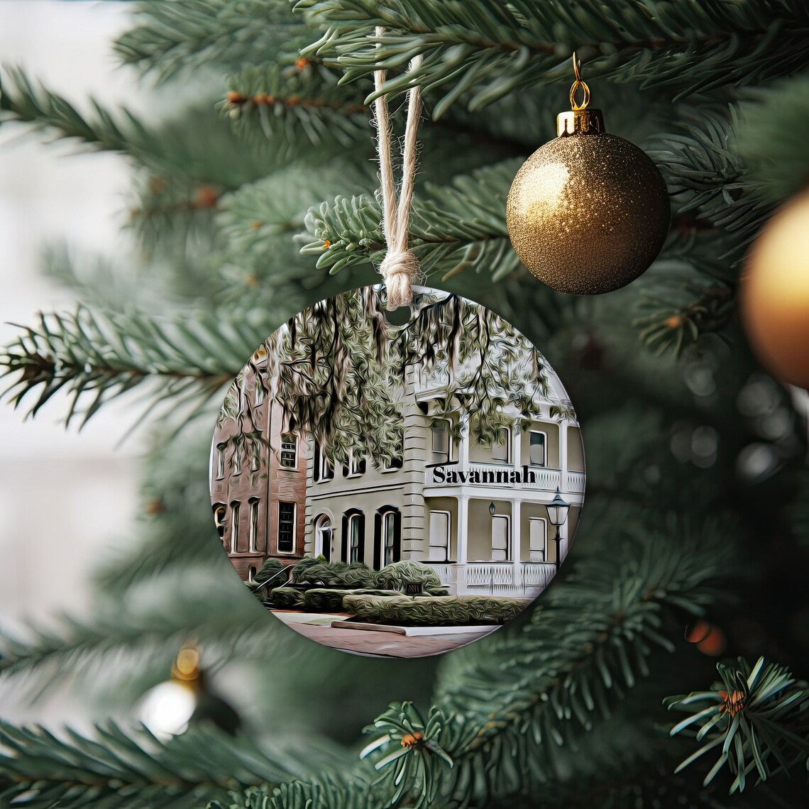 Savannah Historic House Spanish Moss Round Ornament Travel Poster