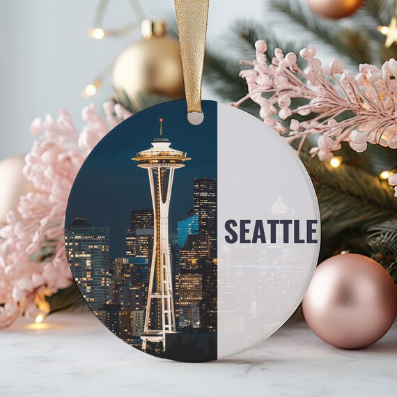 Seattle Washington Space Needle Night Skyline Holiday Ornament Print