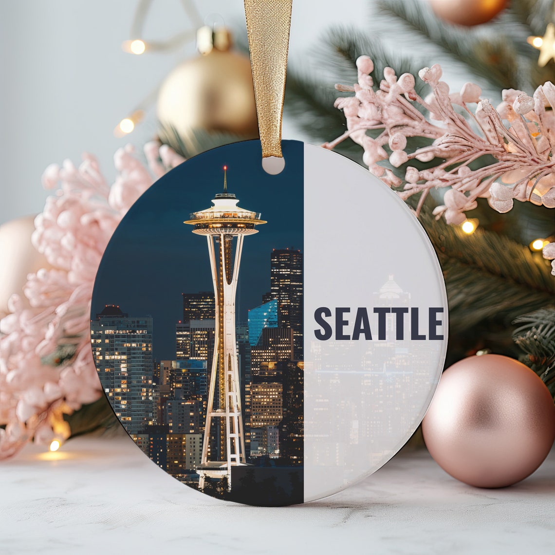 Seattle Washington Space Needle Night Skyline Holiday Ornament Print
