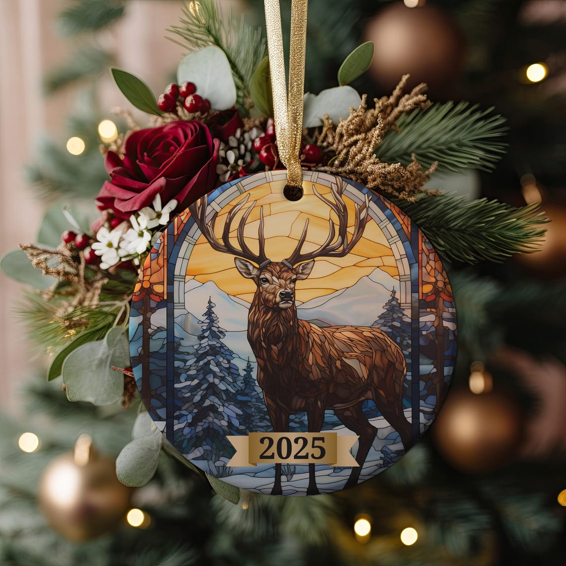 2025 Stained Glass Elk Christmas Ornament Snowy Mountain Pines Poster