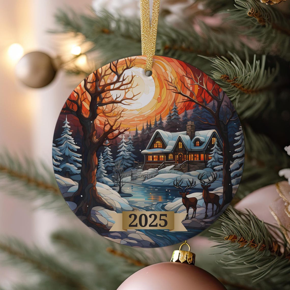 Winter Lodge Deer 2025 Christmas Ornament Style Snowy Cabin Art Poster