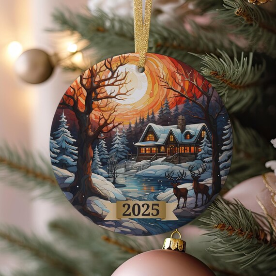 Winter Lodge Deer 2025 Christmas Ornament Style Snowy Cabin Art Poster