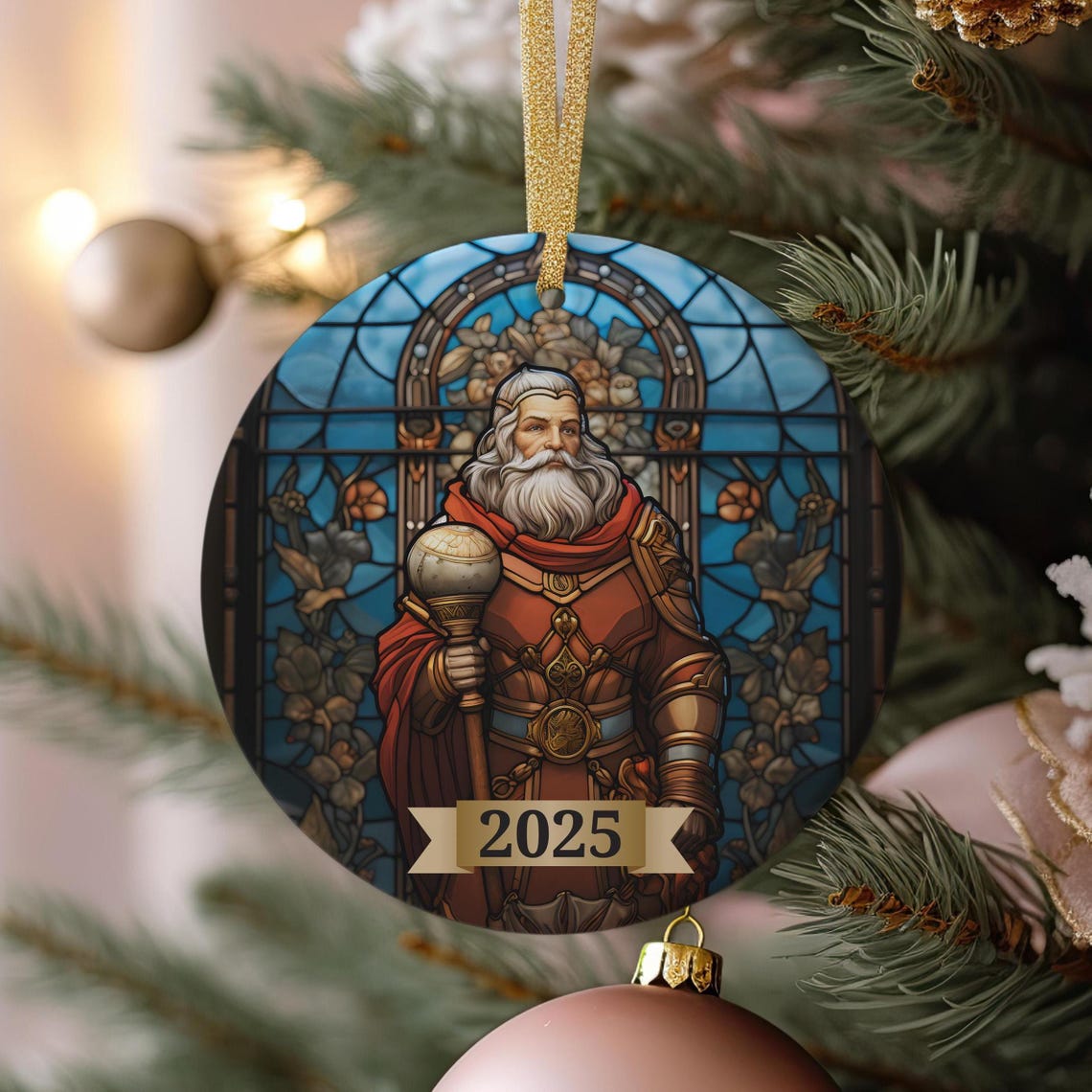 2025 Santa Claus Reading Book Stained Glass Christmas Keepsake Print