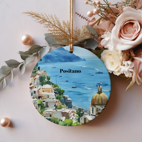 Positano Italy Christmas Ornament Amalfi Coast Watercolor Gift Print