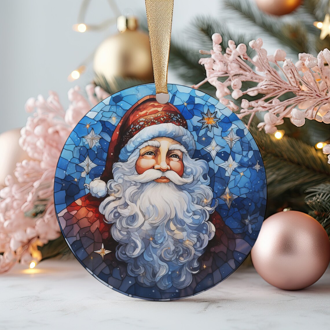 Jolly Santa Claus Stained Glass Christmas Night Stars Poster Art