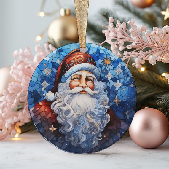 Jolly Santa Claus Stained Glass Christmas Night Stars Poster Art
