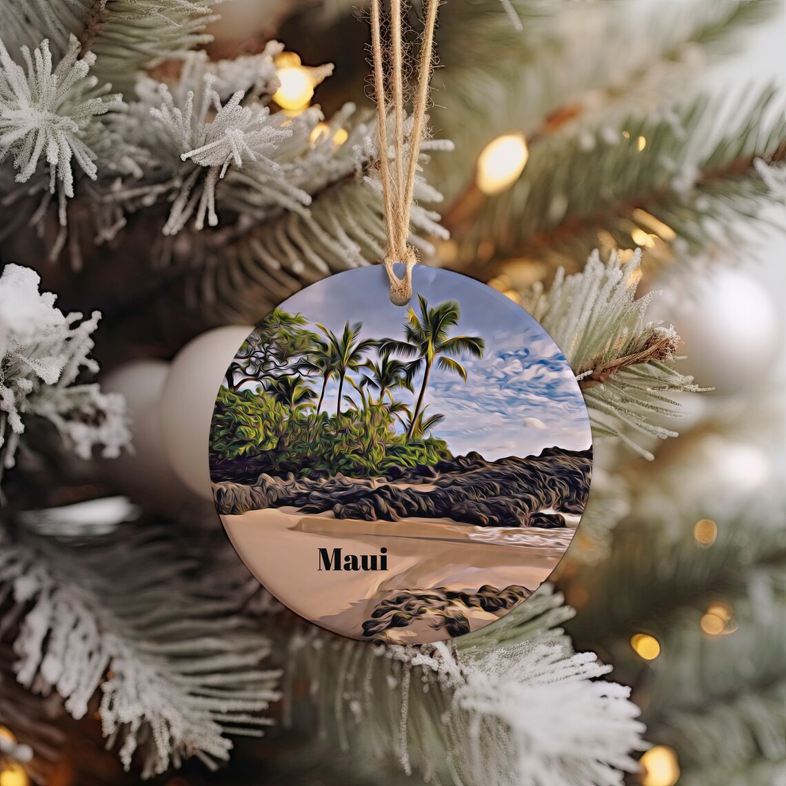 Maui Hawaii Beach Palms Christmas Ornament Tropical Travel Poster