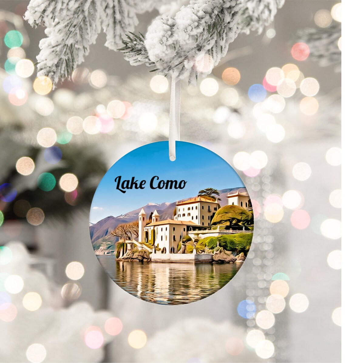 Lake Como Italy Lakeside Villa Illustrated Holiday Ornament Poster