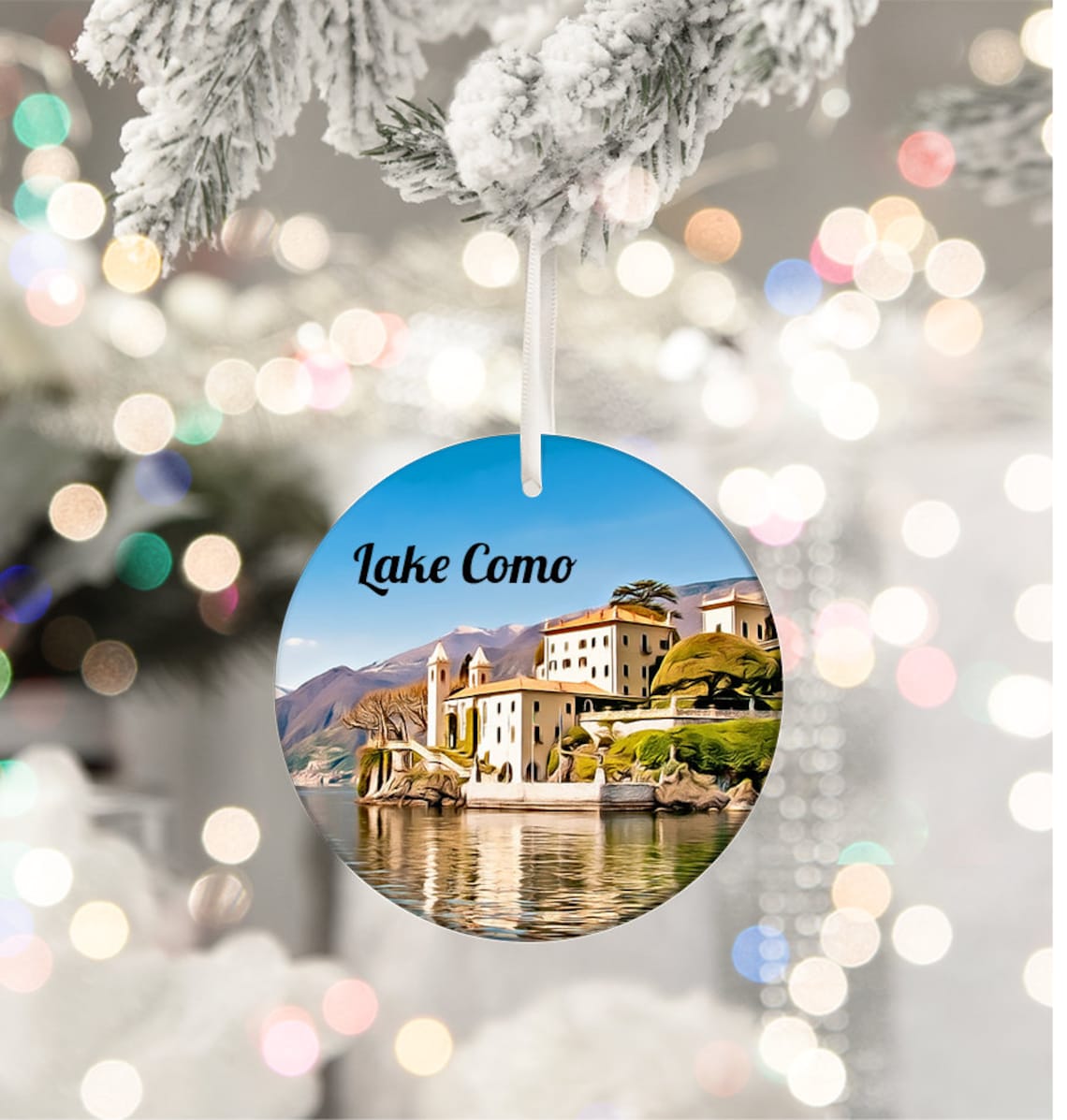 Lake Como Italy Lakeside Villa Round Christmas Ornament Travel Gift Print