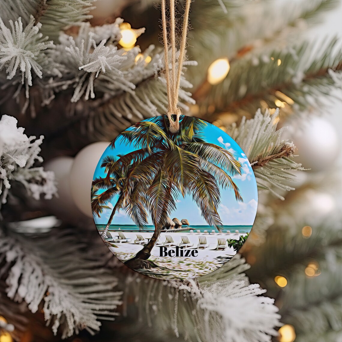 Belize Palm Trees Beach Christmas Ornament Tropical Travel Poster