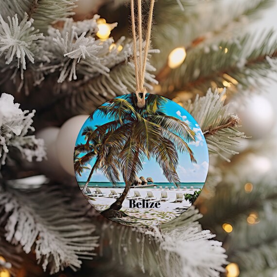 Belize Palm Trees Beach Christmas Ornament Tropical Travel Poster