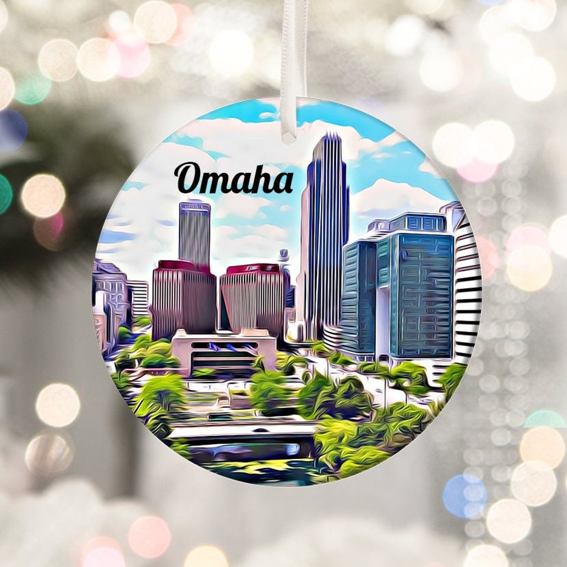 Omaha Nebraska Skyline Round Ceramic Ornament Keepsake Print
