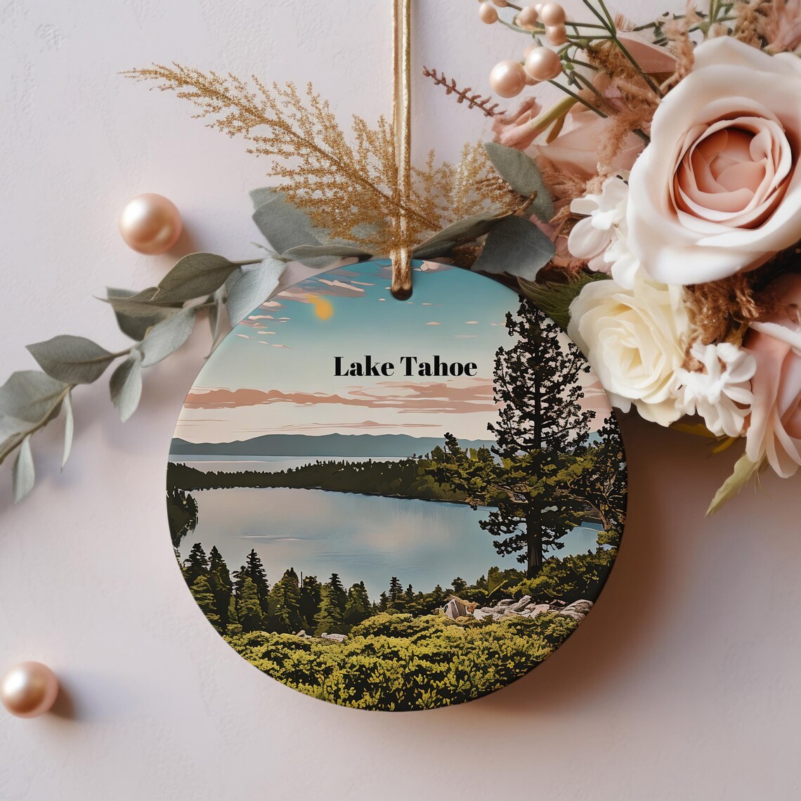 Scenic Lake Tahoe Sunset Pine Trees Round Travel Souvenir Wall Art