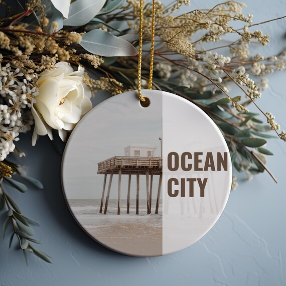 Ocean City Beach Pier Split Photo Round Christmas Ornament Travel Poster