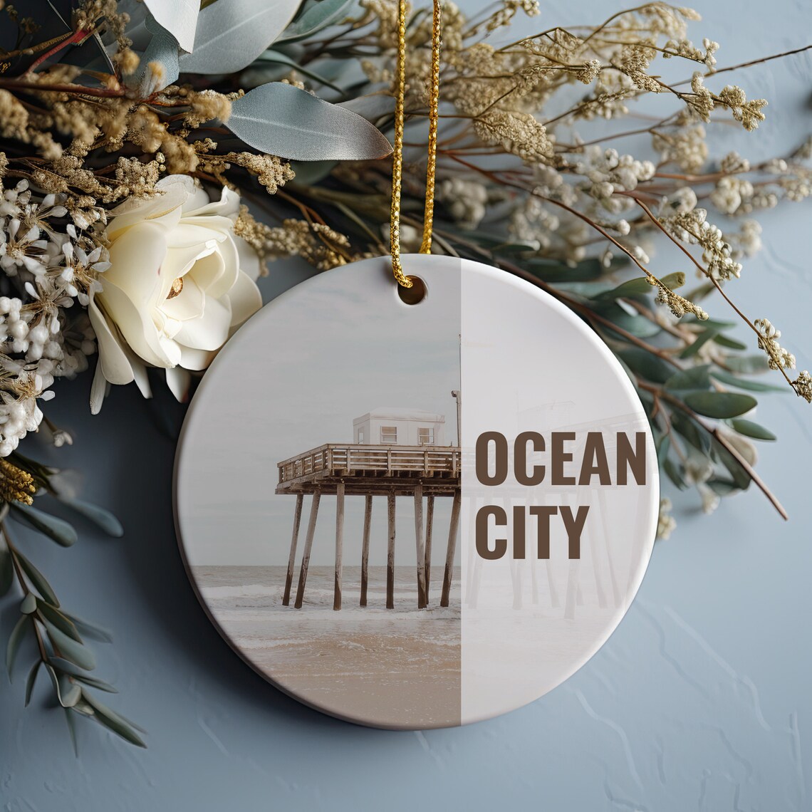 Ocean City Beach Pier Split Photo Round Christmas Ornament Travel Poster