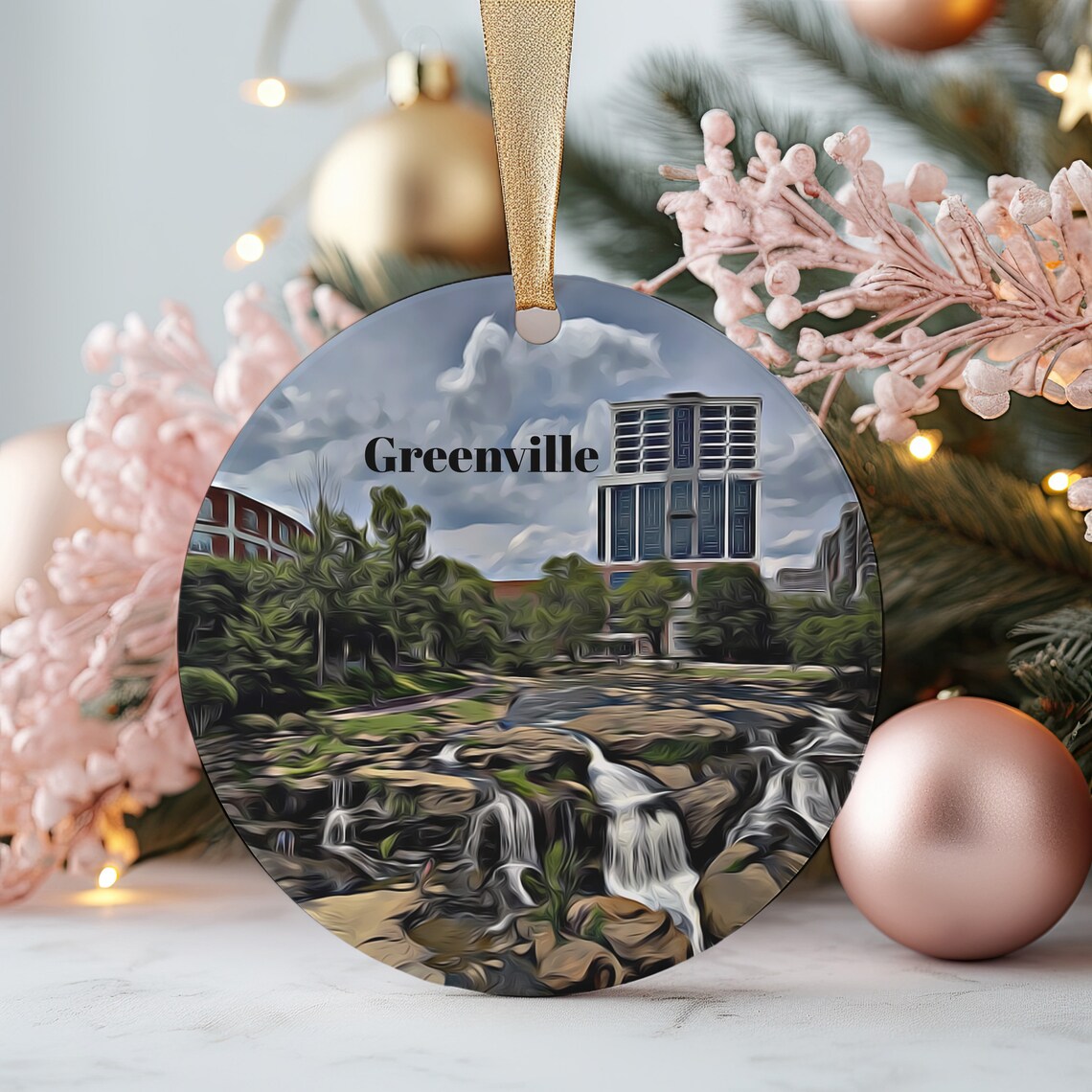 Greenville Waterfall Downtown Round Christmas Ornament Design Poster