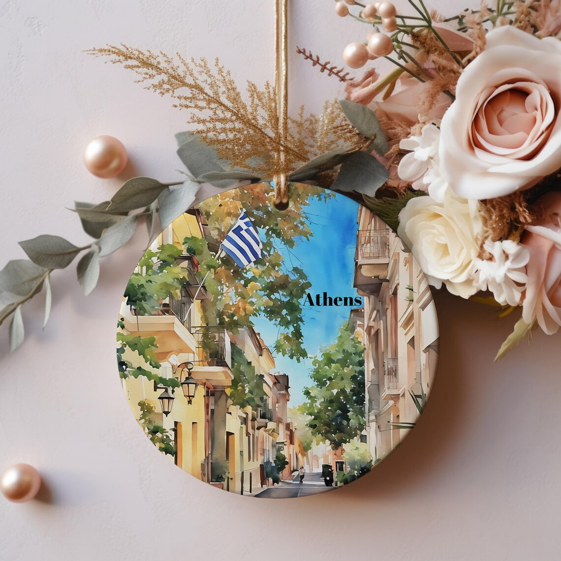 Athens Greece Old Street Scene Christmas Ornament Travel Poster
