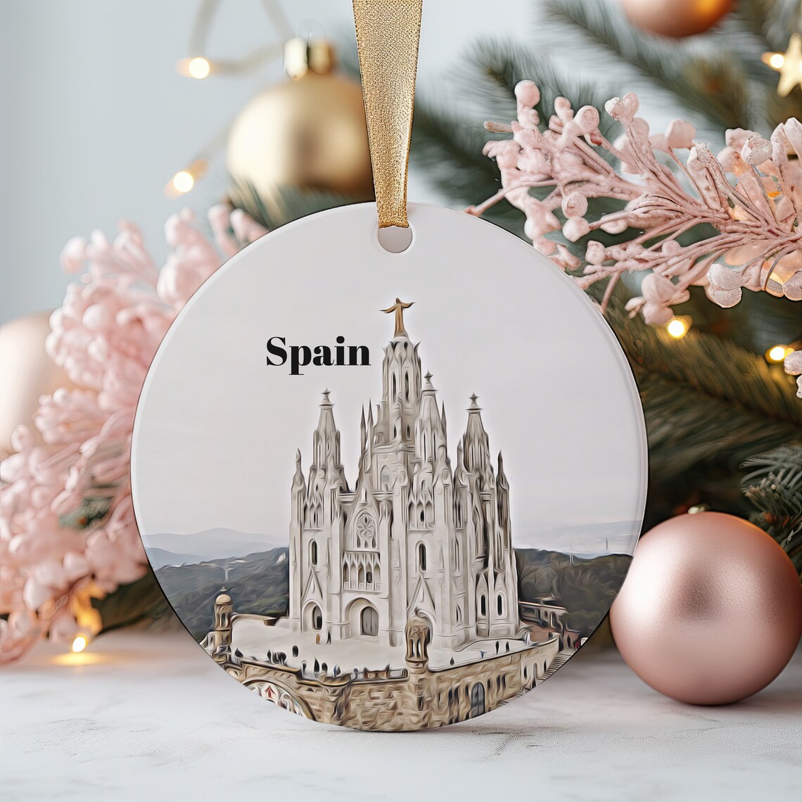 Spain Sagrada Familia Watercolor Cathedral Round Ornament Travel Poster