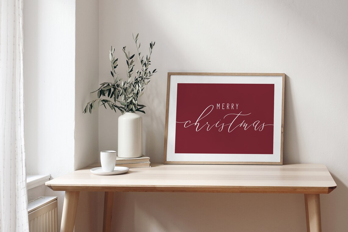 Dark Red Merry Christmas Print, Holiday Decor - Image 2
