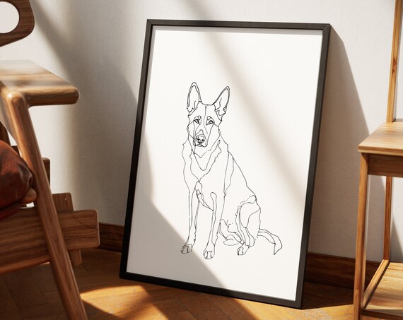 German Shepherd Wall Art Mid Century Modern Print Minimal Line Drawing Poster Ugly Cute Bad Pet Portrait Gift Dog Mom Gsd Owner