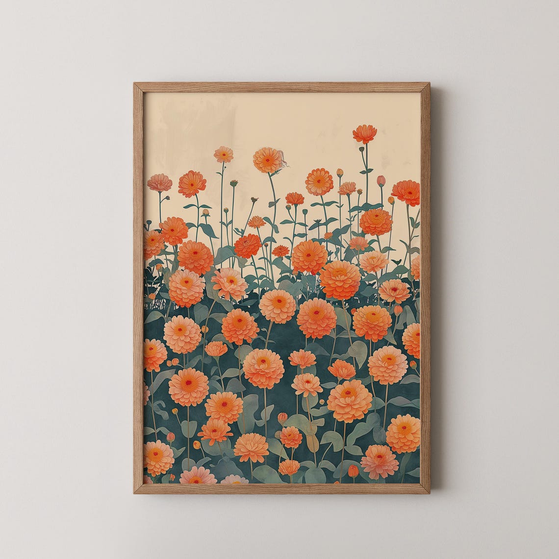 Orange Wildflowers Blooming Meadow Botanical Vintage Style Poster