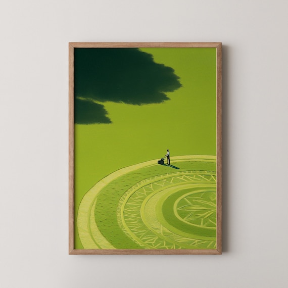 Whimsical Lawn Mower Man Mowing Pattern Green Field Art Poster