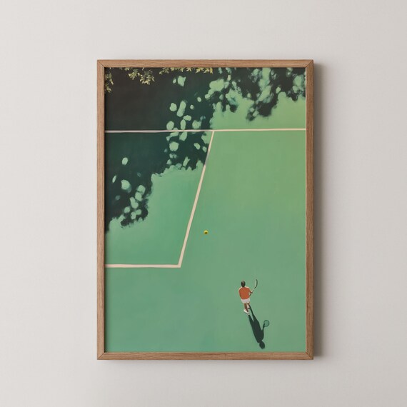 Overhead Tennis Court Lone Player Afternoon Match Modern Sports Poster